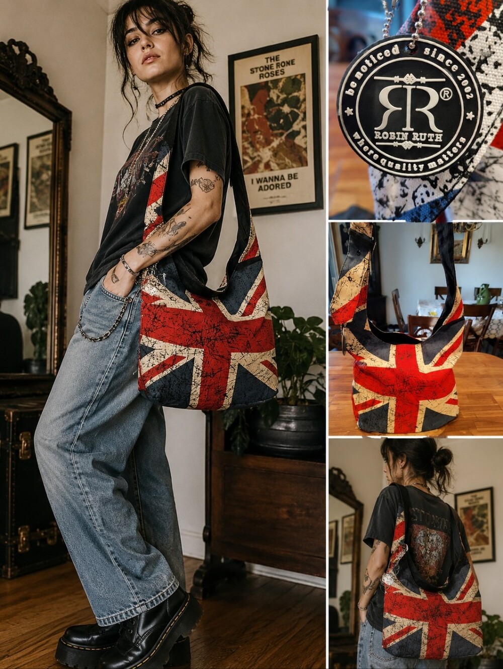 Robin Ruth Y2K Indie Sleaze Union Jack Grunge Canvas Slouchy Purse